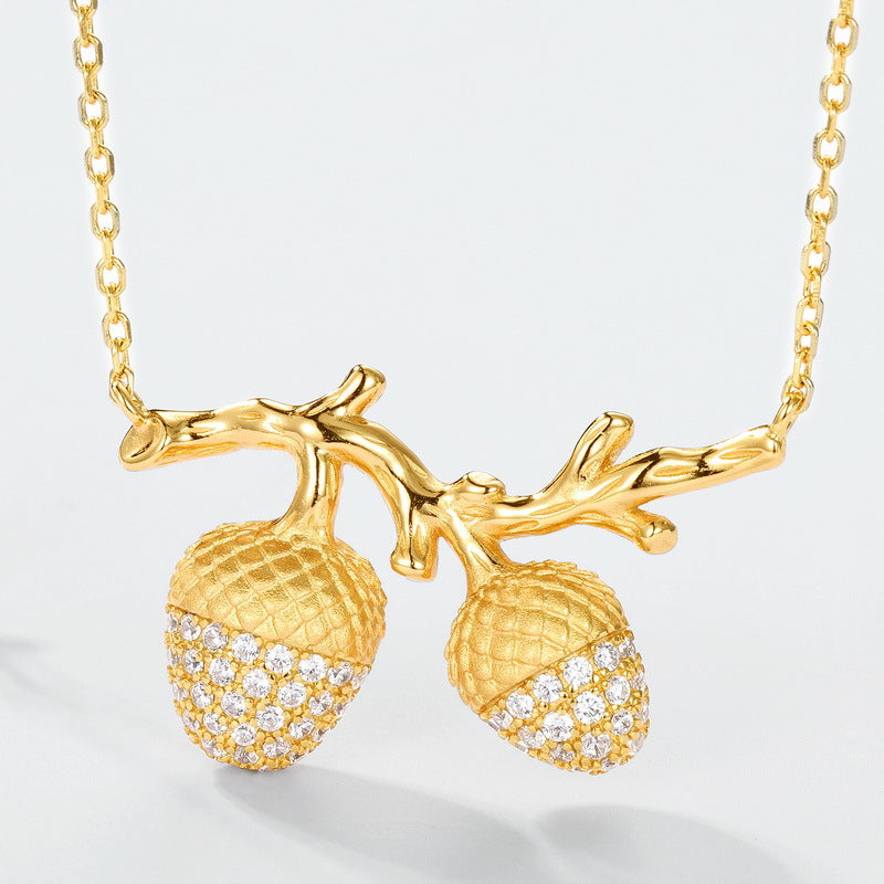 S925 sterling silver with 10K gold sandblasted acorn necklace | Double fruit imitation diamond clavicle necklace light luxury forest style fashionable jewelry