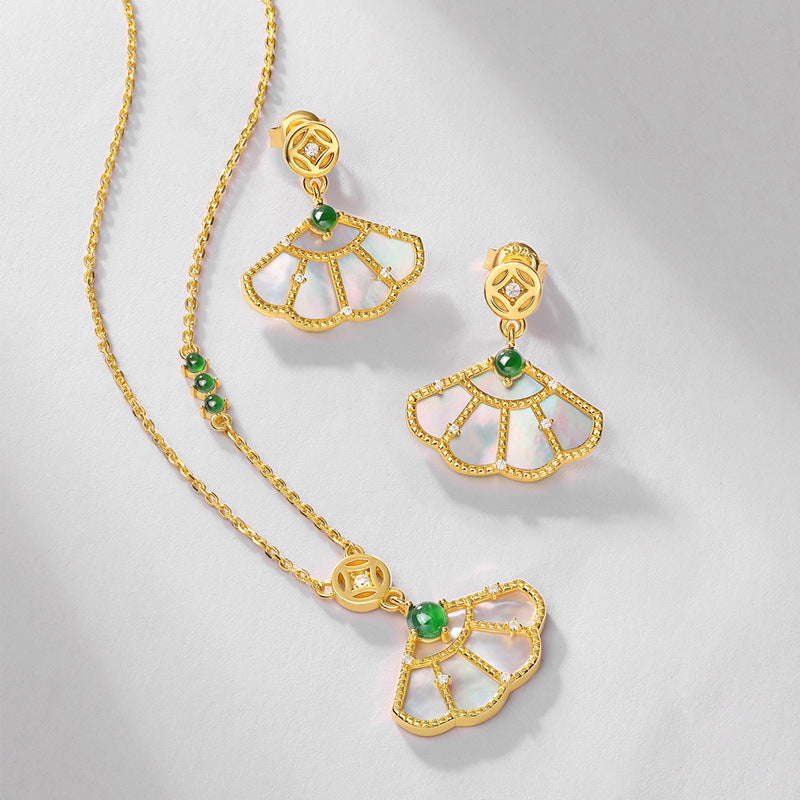 S925 sterling silver plated with 10K gold, simple and stylish, white shell green jade fan set