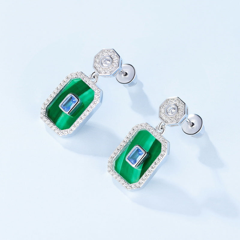 S925 sterling silver plated with thick platinum earrings | Natural malachite imitation diamond European and American style earrings retro luxury jewelry