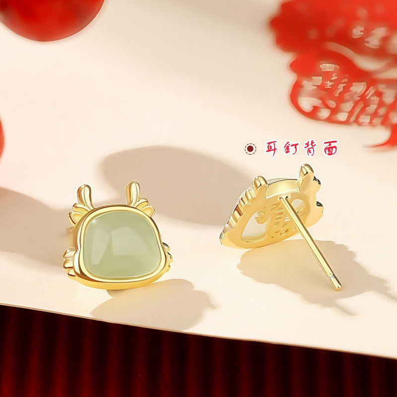 S925 sterling silver and gold-plated Chinese Zodiac earrings | Hetian jade design to attract wealth and protect