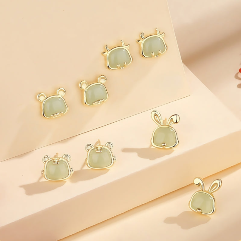 S925 sterling silver and gold-plated Chinese Zodiac earrings | Hetian jade design to attract wealth and protect