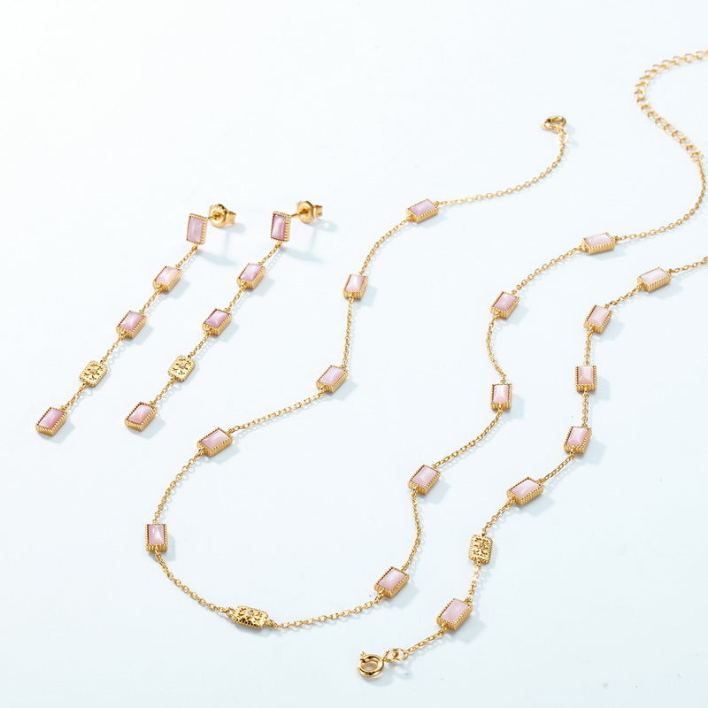 S925 sterling silver with 10K gold plated natural pink shell set | Japanese and Korean style exquisite gift for friends’ birthdays, girlfriends’ surprises