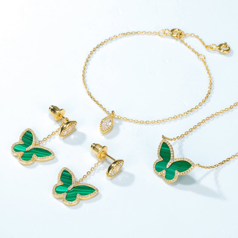 S925 sterling silver with 10K gold plating, Japanese and Korean-style jewelry | Natural malachite and simulated diamond butterfly set, a fresh and sweet choice