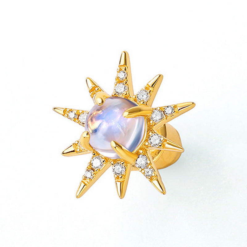 S925 sterling silver plated with 14K gold simple and stylish blue moonstone star earrings