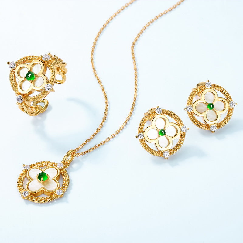 Jadeite White Shell Four-Leaf Clover Jewelry Set | S925 Sterling Silver with 10K Gold-Plated Simulated Diamonds, Lucky Sweet Necklace, Earrings, and Ring
