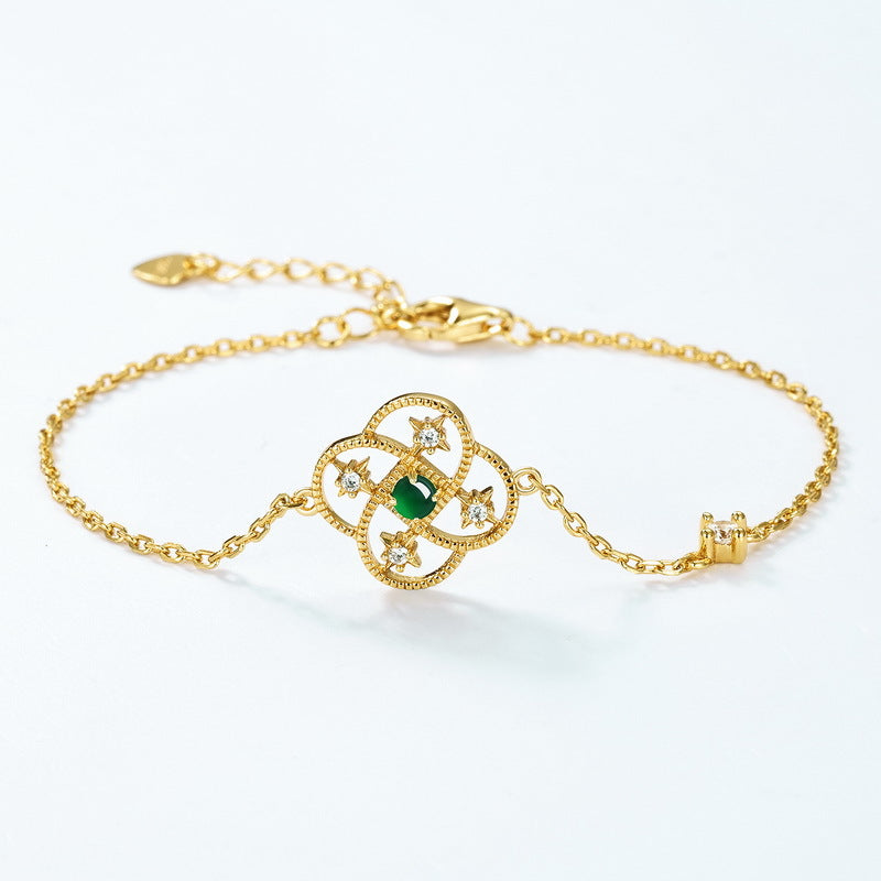 人氣爆款!S925 純銀鍍 10K 金,翡翠仿鑽四葉草手鏈