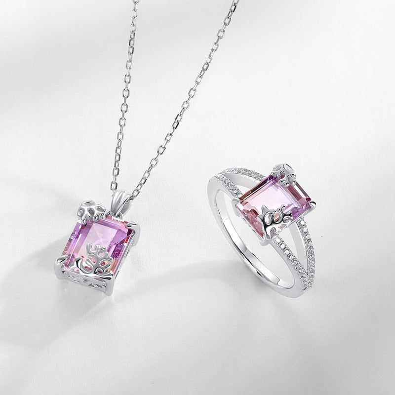 S925 sterling silver plated with thick silver and white gold ametrine set | European and American style elegant luxury necklace and ring combination