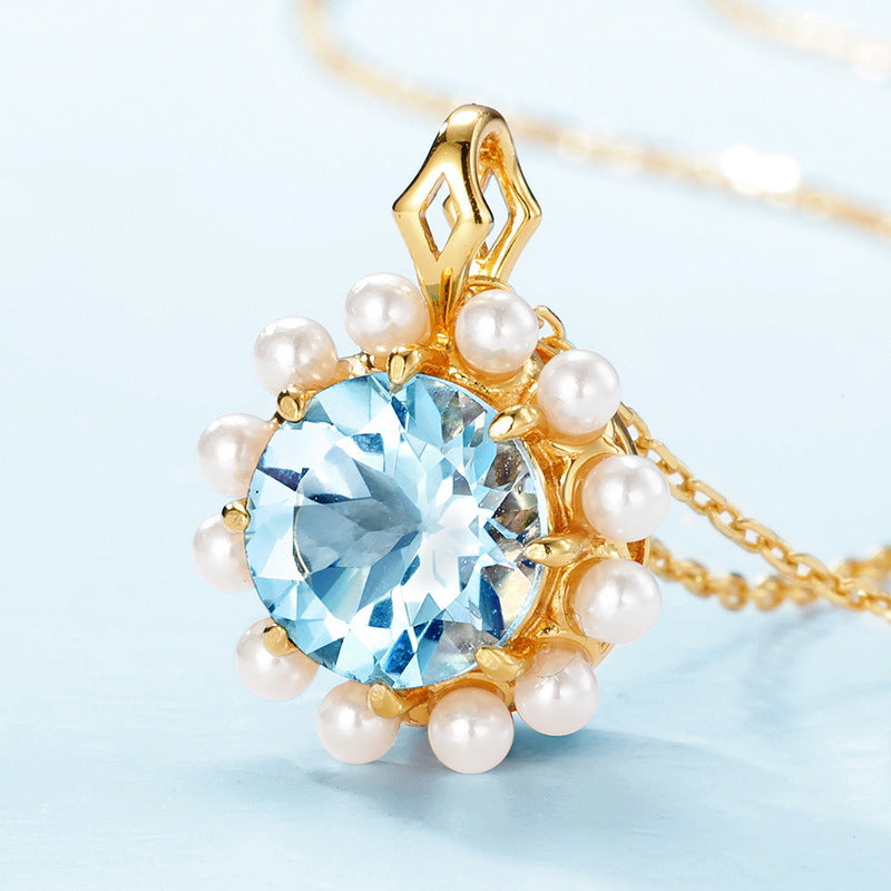 S925 sterling silver plated with 10K gold natural sky blue topaz shell beads ocean romance pendant