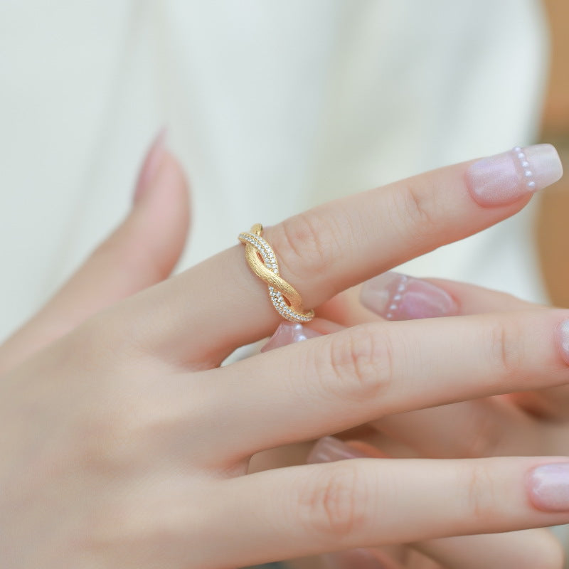 S925 sterling silver with 10K gold plated hand-brushed interwoven imitation diamond ring | Romantic and light luxury ring with love entanglement design