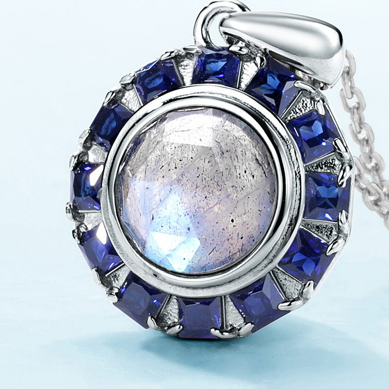S925 sterling silver necklace with thick silver platinum platinum | Natural labradorite and synthetic blue corundum starry night romantic pendant