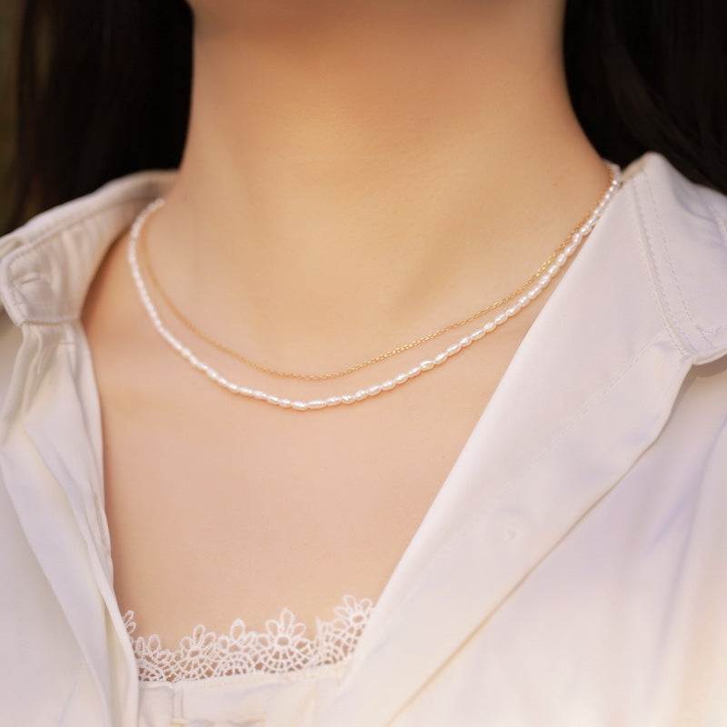 S925 sterling silver with 10K gold plated small millet bead double necklace | Everyday relaxed natural pearl stacking jewelry