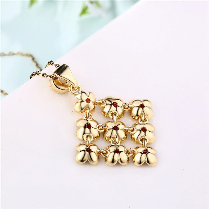 S925 sterling silver with 10K gold plated natural red garnet flower necklace | Retro palace style gorgeous pendant jewelry