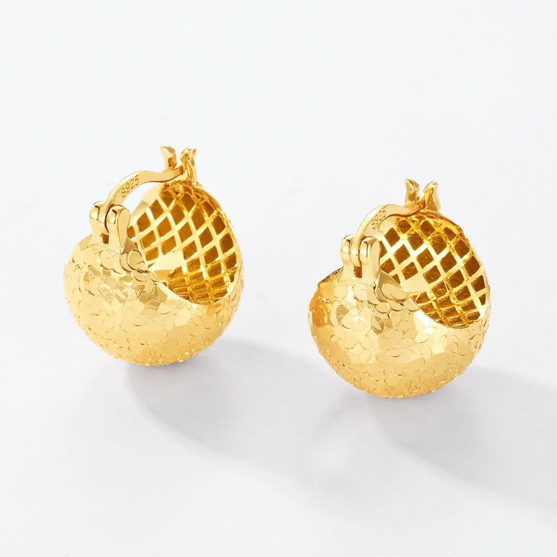 S925 sterling silver with 10K gold plated / thick silver and platinum hand-brushed checkered earrings | European and American style earrings, light luxury and versatile jewelry