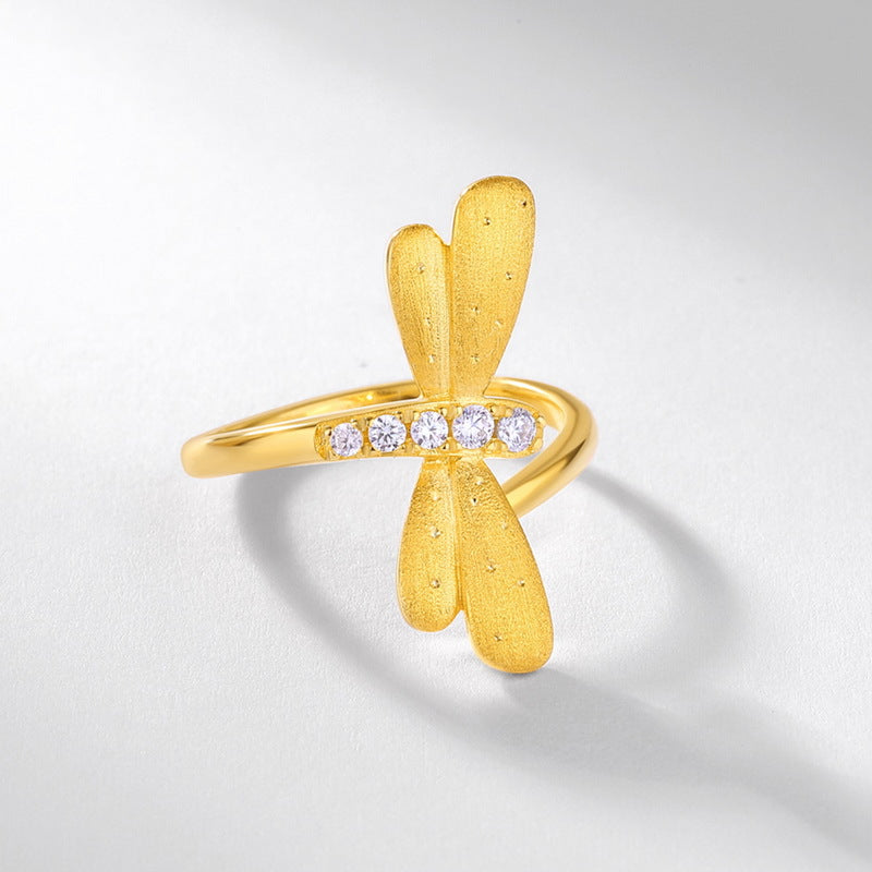 S925 sterling silver with 10K gold plated hand-brushed dragonfly imitation diamond ring | Fashionable and individual light luxury ring street style jewelry