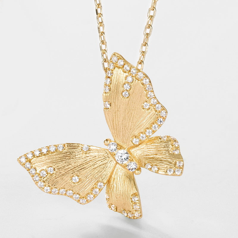 S925 sterling silver plated with 10K gold hand-brushed butterfly imitation diamond necklace | light luxury all-match clavicle necklace essential jewelry for workplace dating