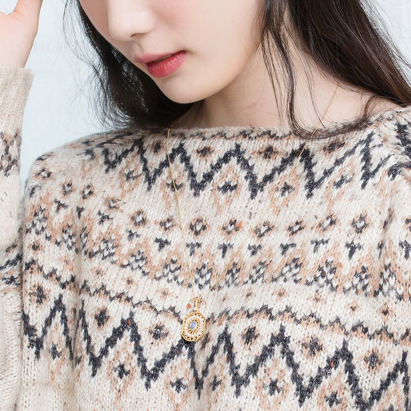 S925 sterling silver plated with 9K gold opal geometric art necklace | Fashion Gallery Shell Bead Structuralist Jewelry