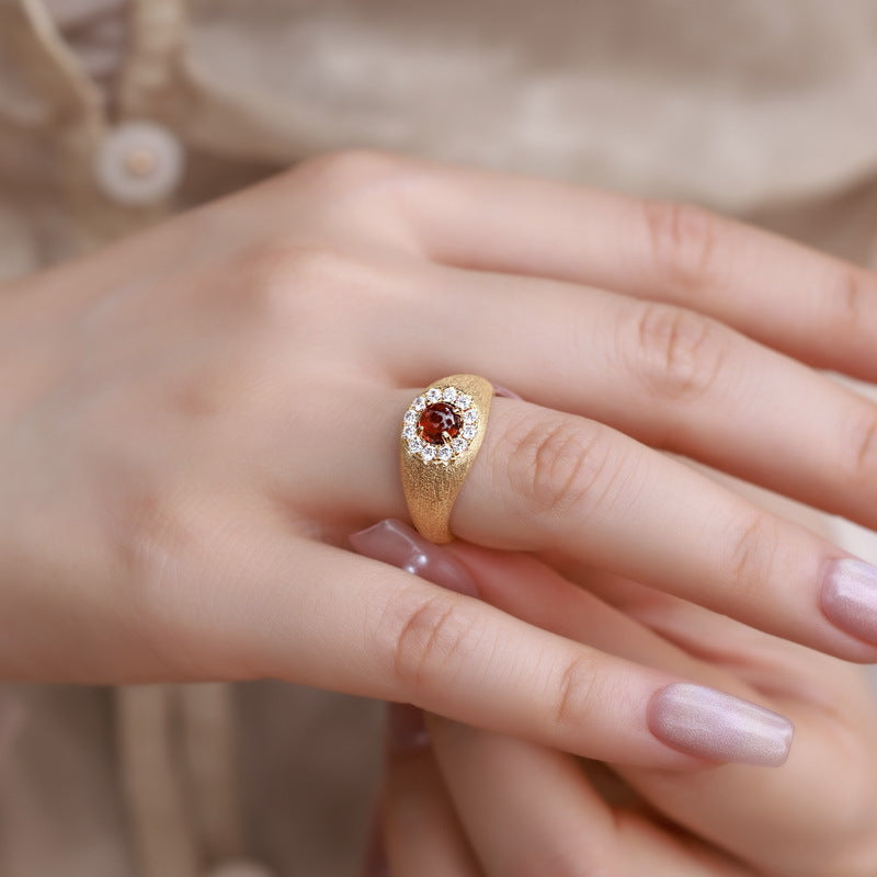 S925 sterling silver with 10K gold plated hand-brushed red garnet ring | Imitation diamond retro palace style ring high-end jewelry
