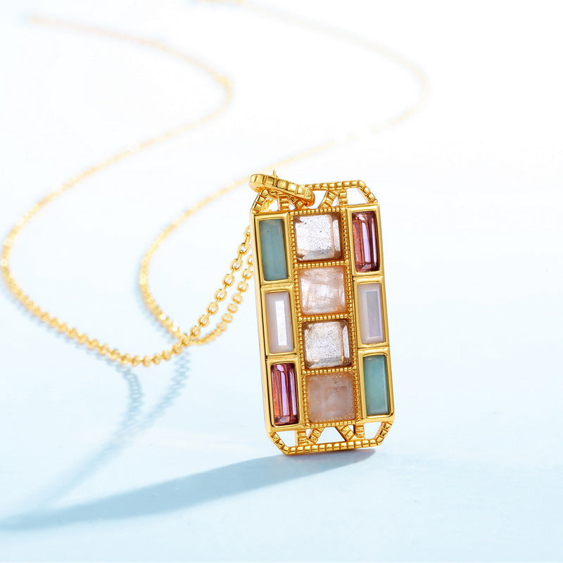 S925 sterling silver plated with 10K gold palette design colored gemstone pendant necklace