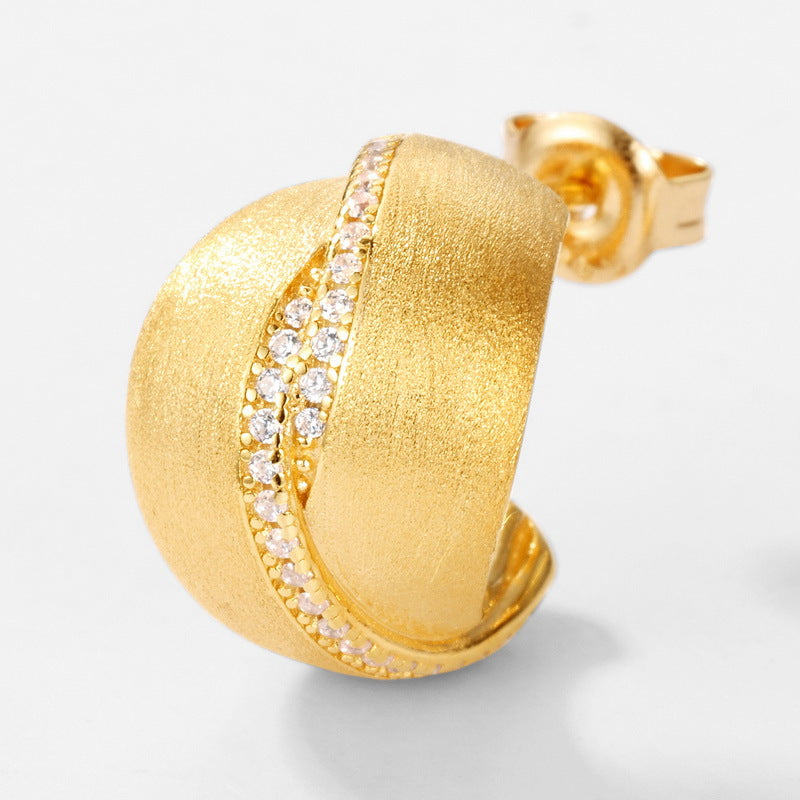 S925 sterling silver plated with 10K gold frosted high-end hand-brushed artificial imitation diamond earrings | European and American retro light luxury versatile jewelry