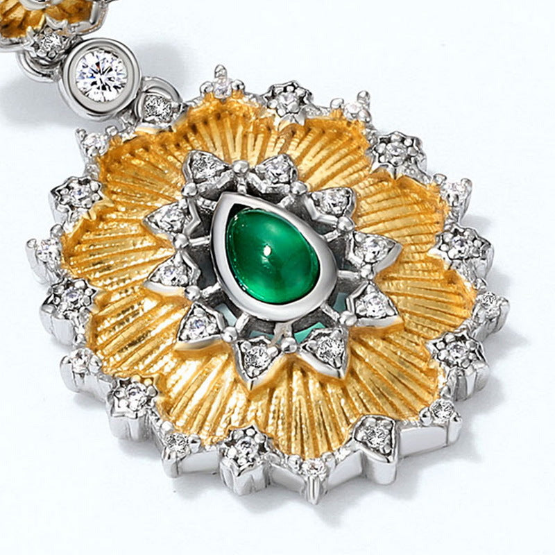 S925 sterling silver plated with 9K gold thick silver platinum Japanese and Korean style light luxury synthetic agate sunflower earrings