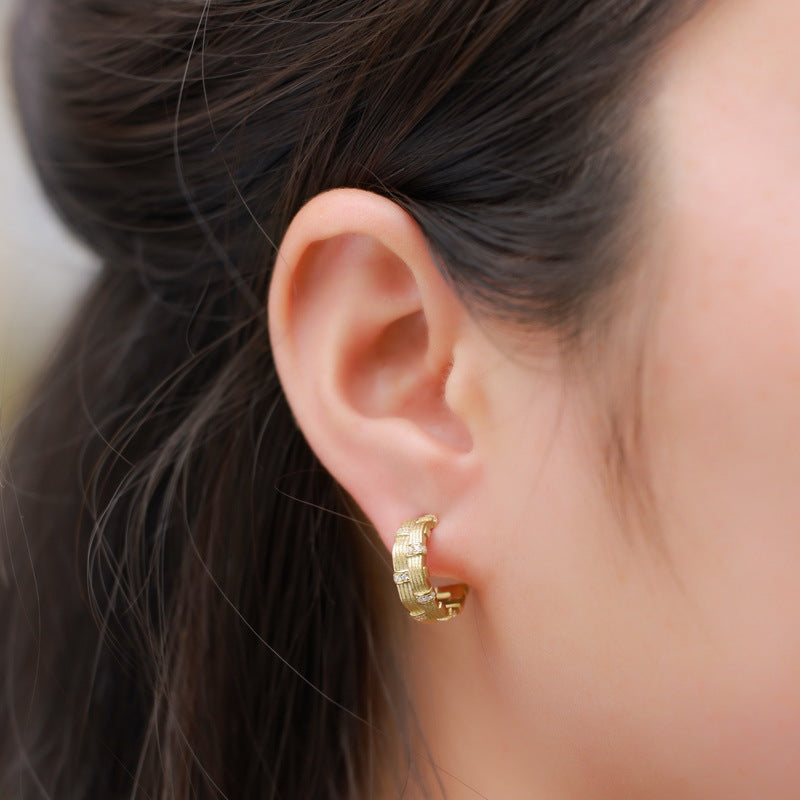 S925 sterling silver plated with 10K gold hand-brushed braided earrings and rings | Imitation diamond light luxury commuter set workplace fashion jewelry