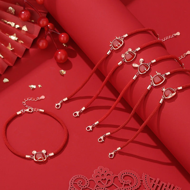S925 sterling silver rose gold plated red agate zodiac bracelet | Lucky red string jewelry for wealth and protection in your birth year