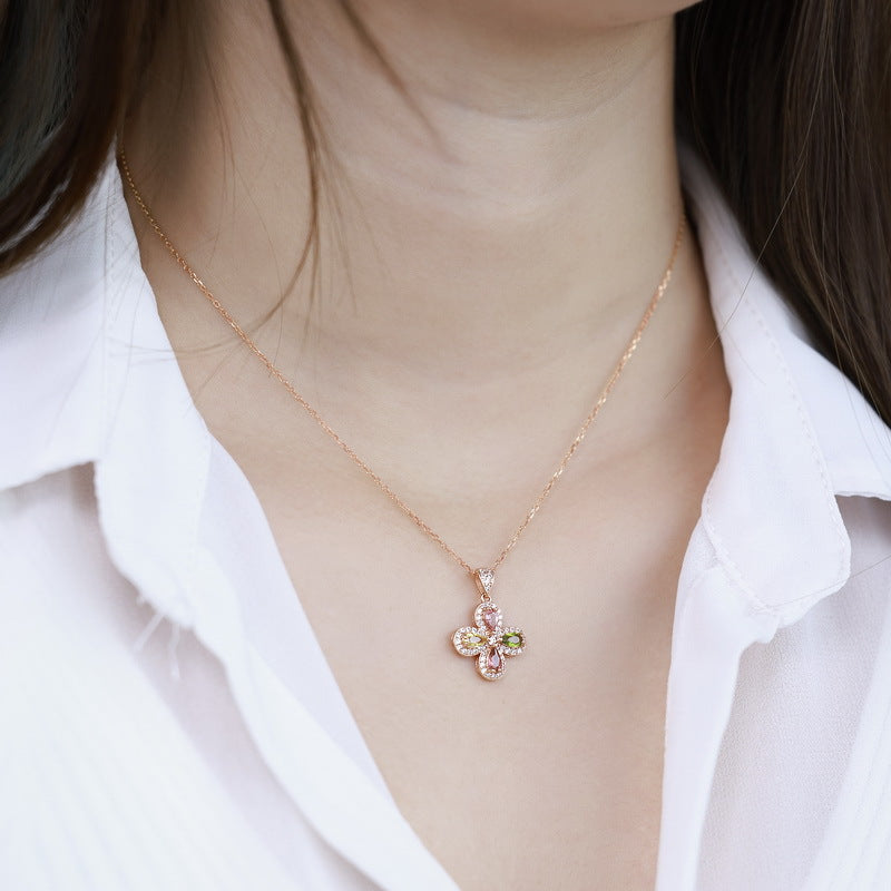 S925 sterling silver rose gold plated light luxury natural tourmaline four-leaf clover jewelry set