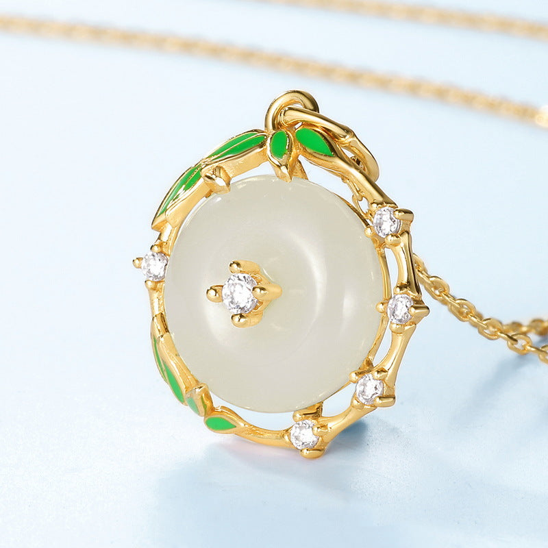 S925 sterling silver plated with 10K gold, simple and stylish Hetian jade lucky bamboo jewelry set