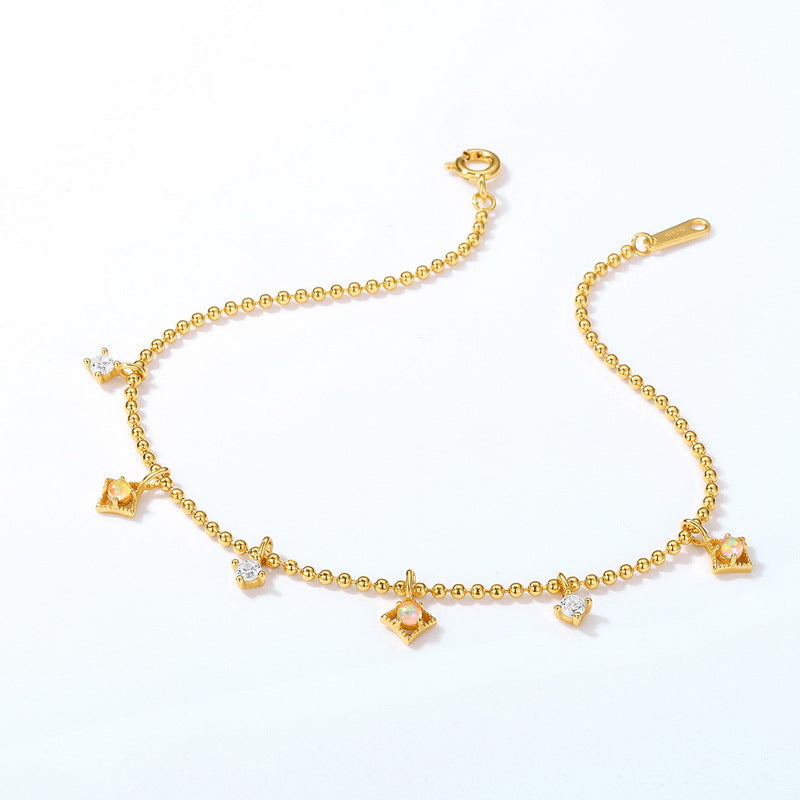 S925 純銀鍍 10K 金日韓風手鍊|合成歐泊仿鑽方塊 閃耀時尚必備