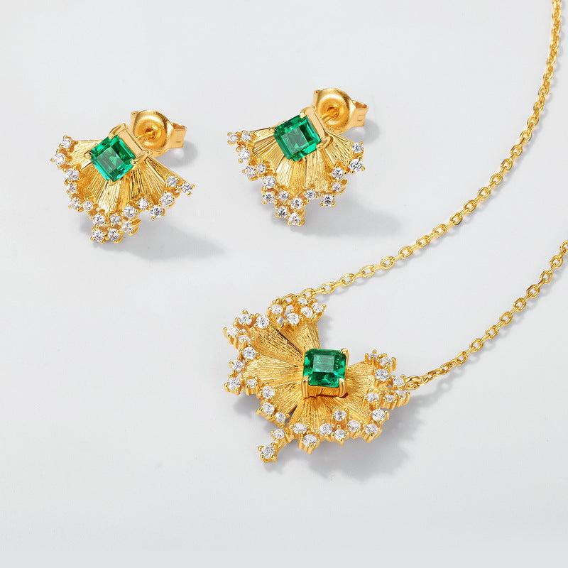 S925 sterling silver with 10K gold plated brushed cultured emerald and simulated diamond fan-shaped jewelry set | Luxurious and exquisite, suitable for dinner parties and important occasions