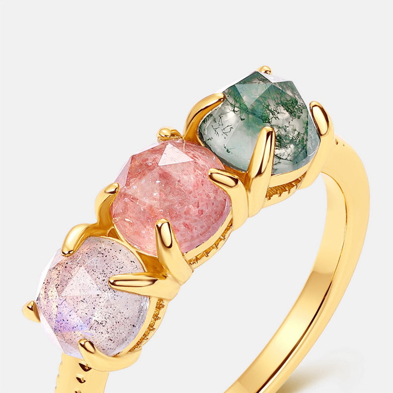 S925 純銀鍍 10K 金彩寶戒指|拉長石、綠苔蘚、草莓晶 個性時尚首選