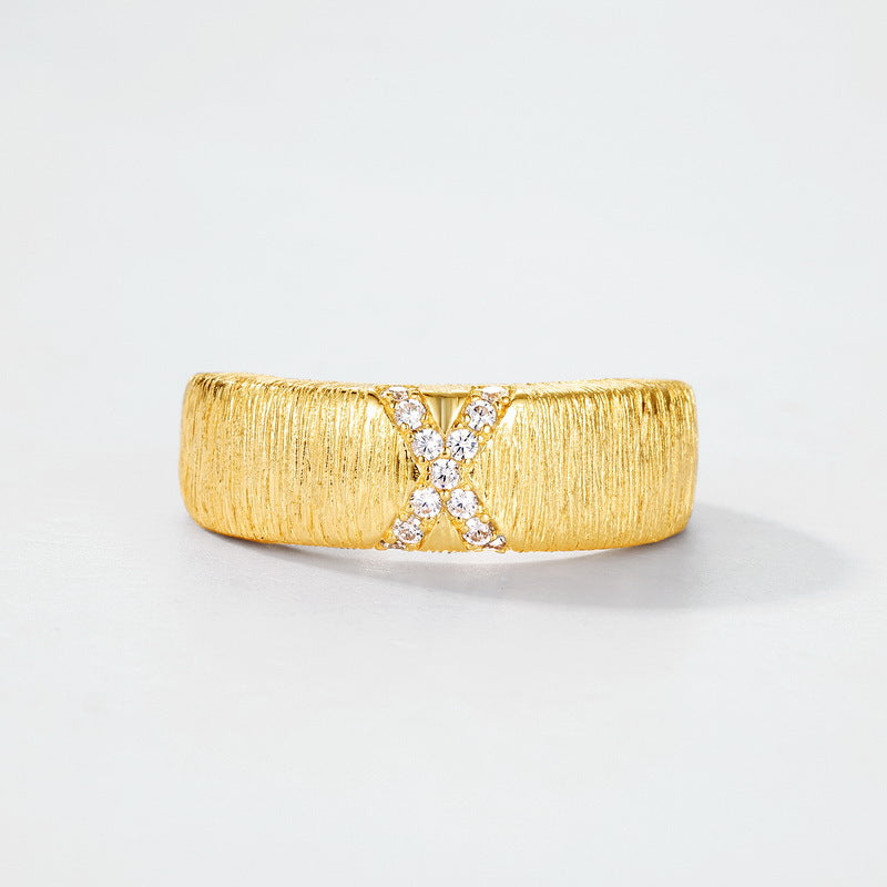 S925 sterling silver plated with 10K gold hand-brushed X-shaped ring | Imitation diamond art symbol ring light luxury personality jewelry
