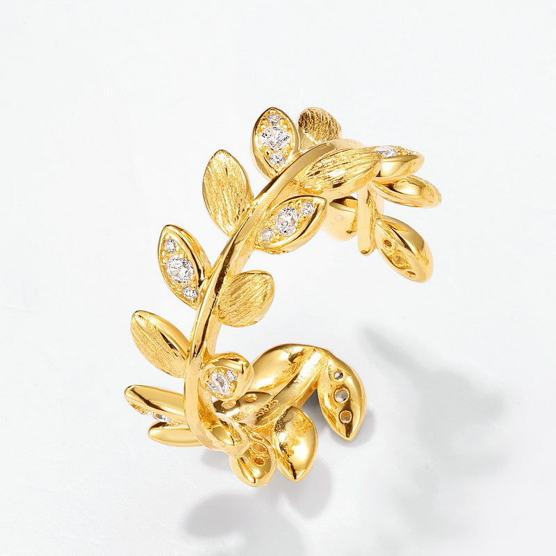 S925 sterling silver with 10K gold plated hand-brushed olive branch jewelry set | European and American fashion art light luxury earrings and rings street leaf design