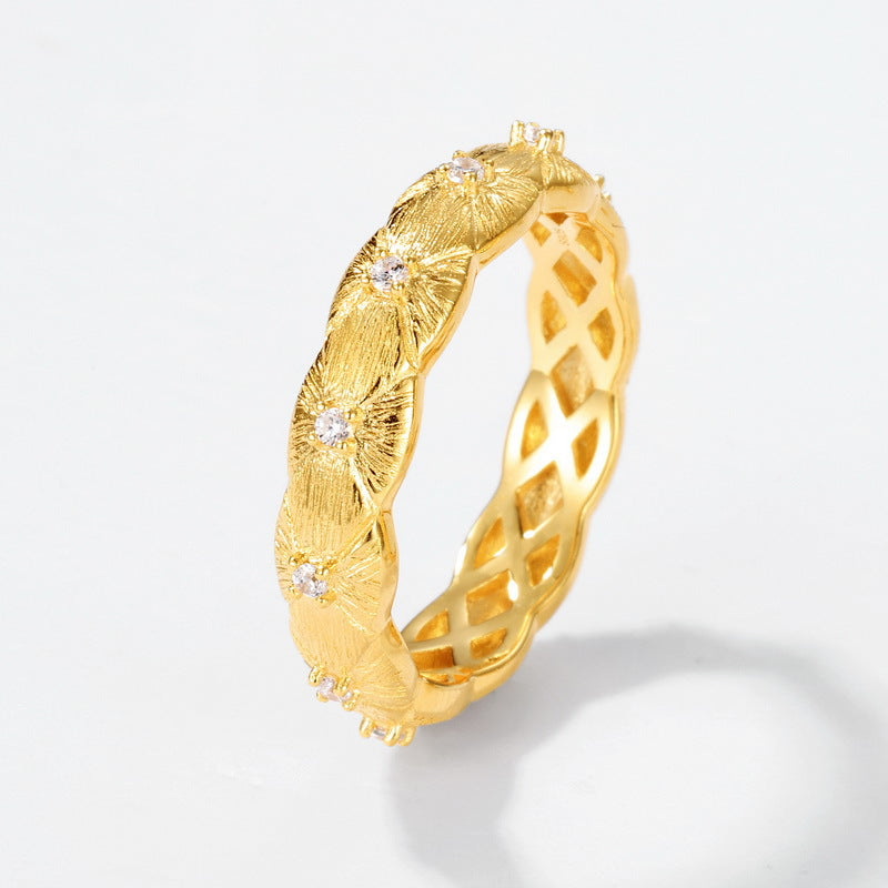 S925 sterling silver plated with 10K gold, hand-brushed and inlaid with imitation diamonds, earrings and ring set | European and American retro palace light luxury jewelry with high quality