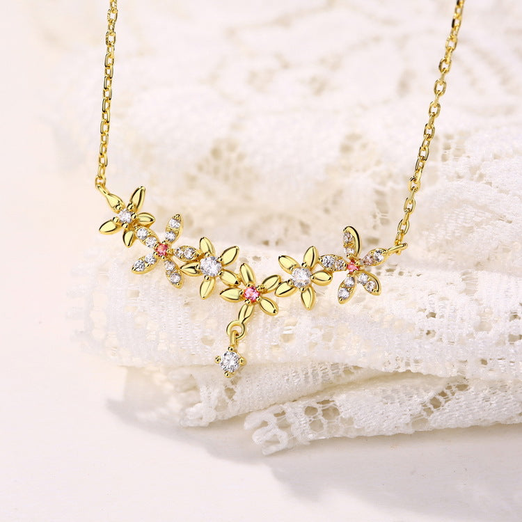 S925 純銀鍍 10K 金首飾|天然紅碧璽、仿鑽 日韓風花朵項鍊