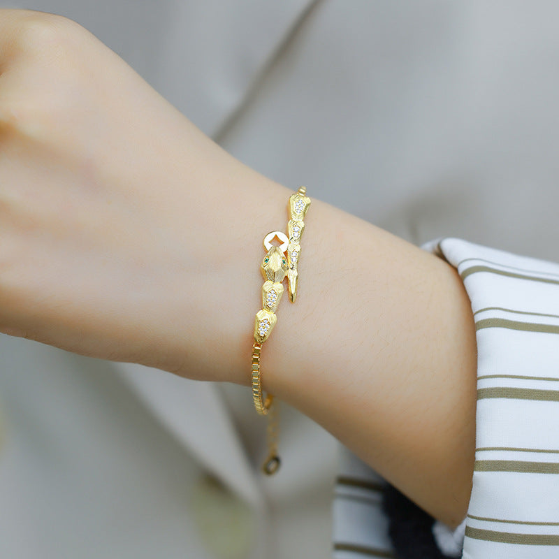 S925 sterling silver with 10K gold plated hand-brushed zodiac snake bracelet | Oriental trend light luxury hand jewelry imitation diamond snake design