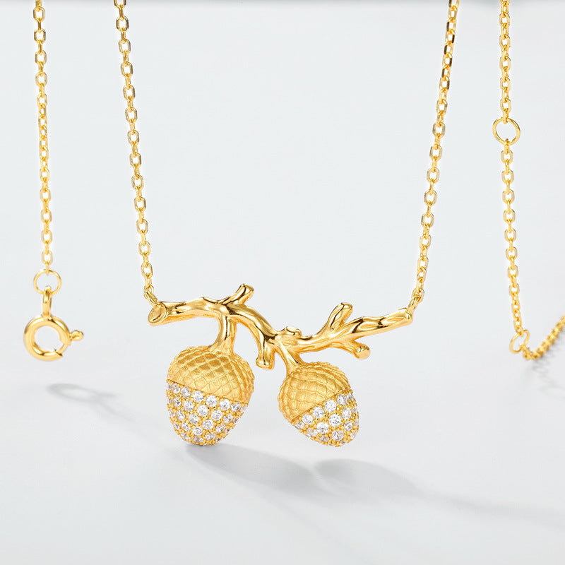 S925 sterling silver with 10K gold sandblasted acorn necklace | Double fruit imitation diamond clavicle necklace light luxury forest style fashionable jewelry