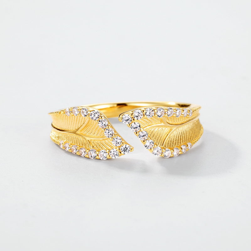 S925 sterling silver with 10K gold plated hand-brushed leaf imitation diamond ring | Forest-style smart light luxury ring natural style jewelry