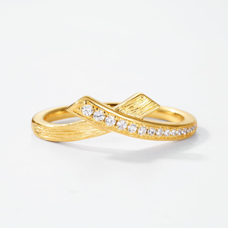 S925 sterling silver with 10K gold plated hand-brushed cross-imitation diamond ring | Handmade art light luxury ring high-end jewelry