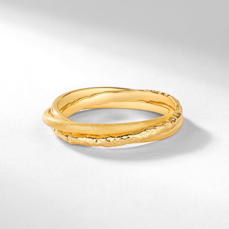 S925 sterling silver with 10K gold plated hand-brushed stacking ring | Light luxury retro three-ring ring, fashionable boutique, must-have jewelry