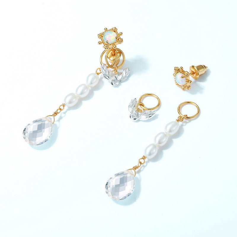 S925 sterling silver with 10K gold plated Japanese and Korean style white crystal pearl earrings