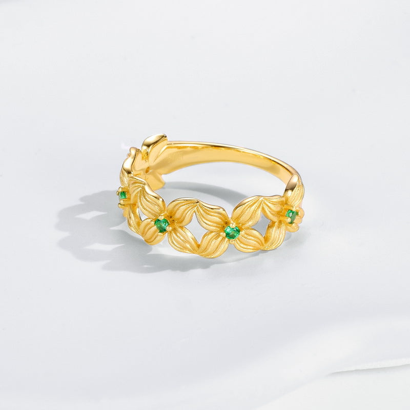 S925 sterling silver with 10K gold-plated sandblasted four-leaf clover flower jewelry | Green nano-zirconium inlaid lucky blessing earrings and ring