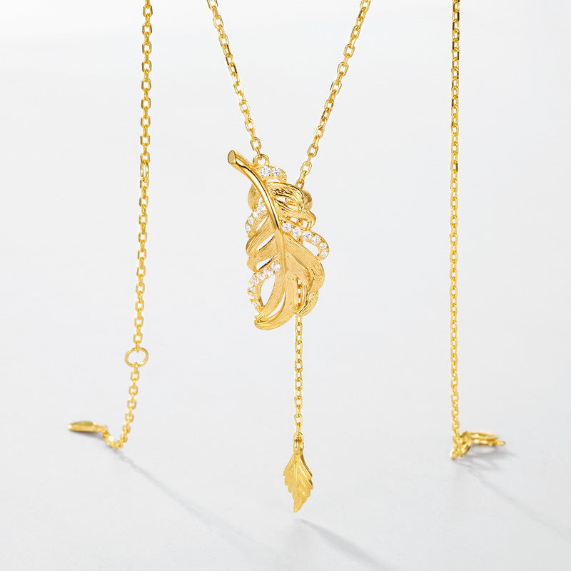 S925 sterling silver plated with 10K gold European and American style hand-brushed feather necklace | imitation diamond design clavicle versatile light luxury jewelry