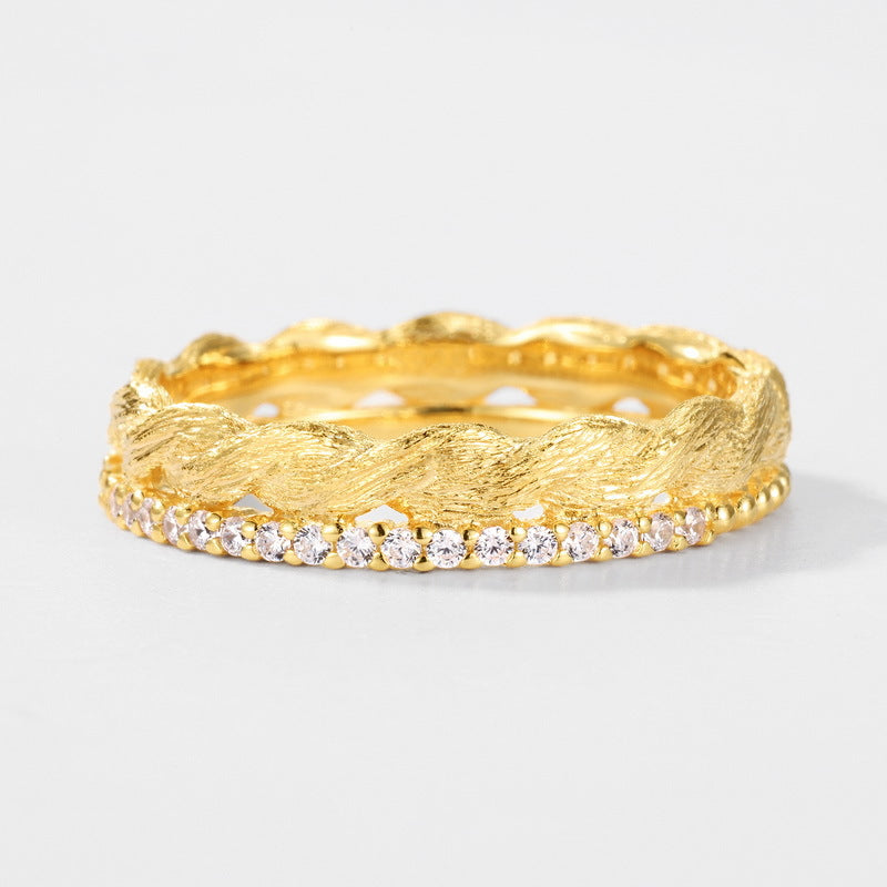 S925 sterling silver with 10K gold plated hand-brushed braided imitation diamond ring | Light luxury retro detail ring high-end stacking jewelry