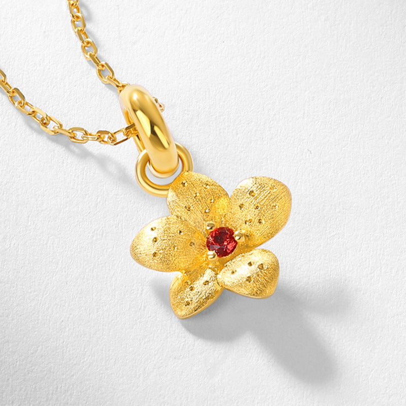 S925 sterling silver with 10K gold plated hand-brushed red garnet pendant | Light retro flower clavicle necklace, fashionable boutique essential jewelry