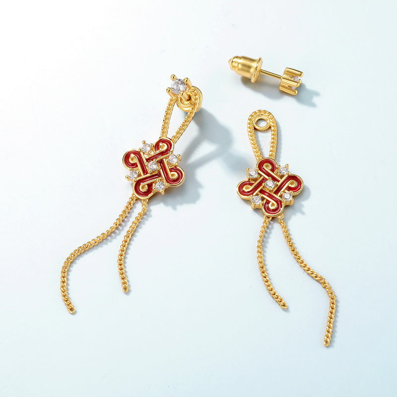 S925 純銀鍍 10K 金耳環|琺瑯中國結仿鑽流蘇 國風時尚必備