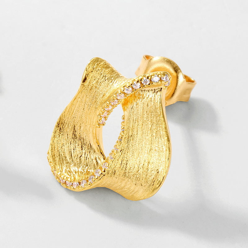 S925 sterling silver with 10K gold plated hand-brushed imitation diamond earrings | Abstract flowing line earrings artistic texture jewelry
