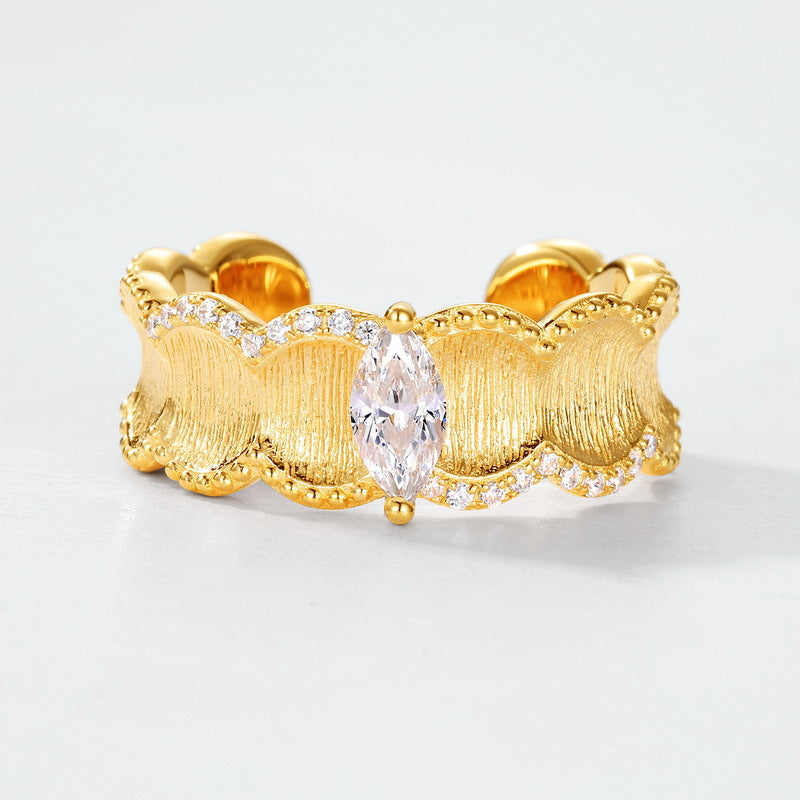 S925 sterling silver with 10K gold plated hand-brushed marquise imitation diamond ring | Elegant and textured design for European and American celebrities