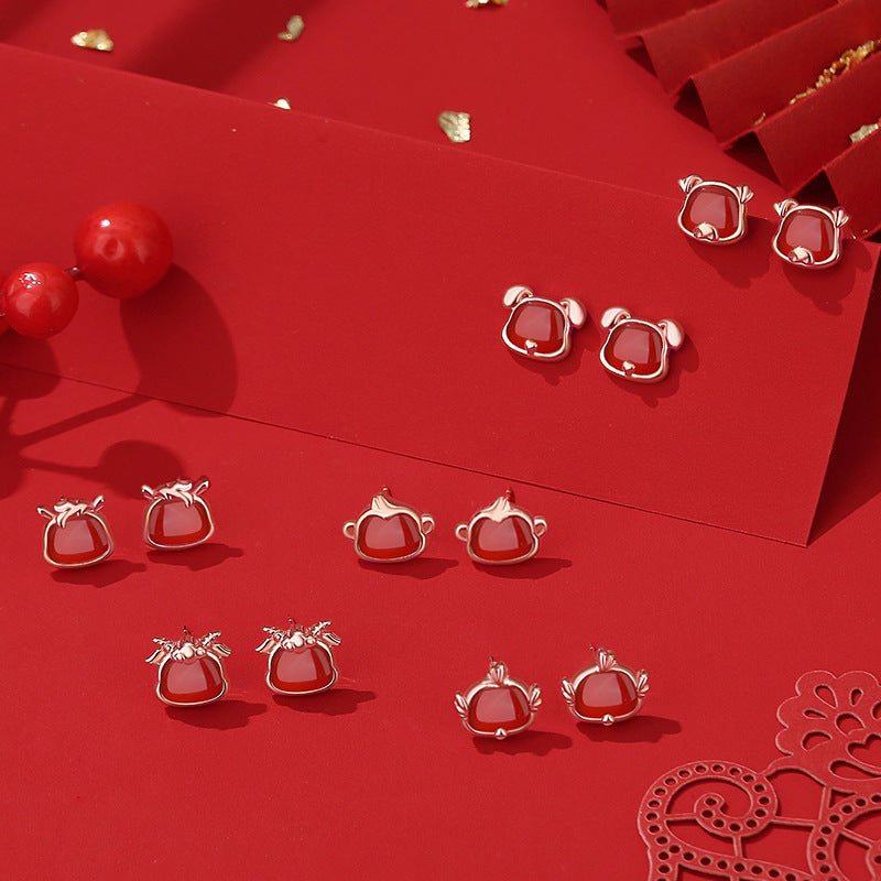 S925 sterling silver with rose gold and natural red agate Chinese Zodiac stud earrings | Cute and fun earrings for the lucky year of birth