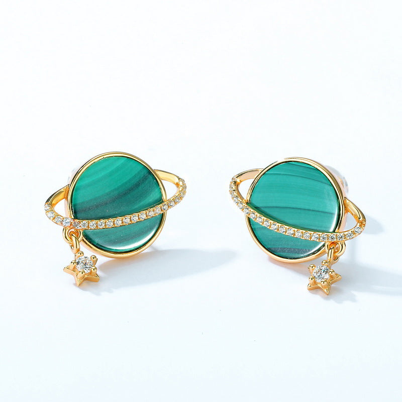 S925 純銀鍍 10K 金耳環|天然孔雀石仿鑽星球造型 時尚夢幻首選